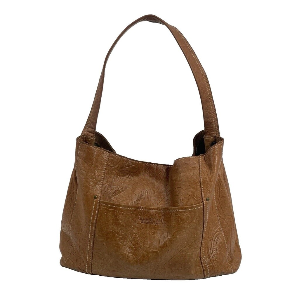 American Leather Co. Embossed Tooled Floral Leather Hobo Shoulder Bag Brown